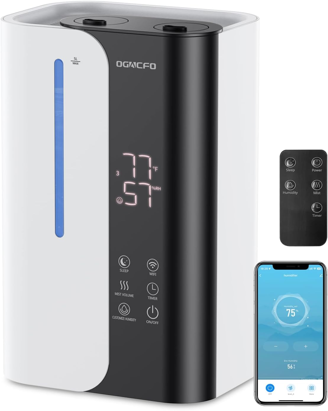 Cool Mist Humidifiers for Bedroom and Plants & Baby, Top Fill 5L Large Room Smart Humidifier for Home Nursery, 28 dB Quiet 50H Runtime Bedroom humidifier with Essential Oils