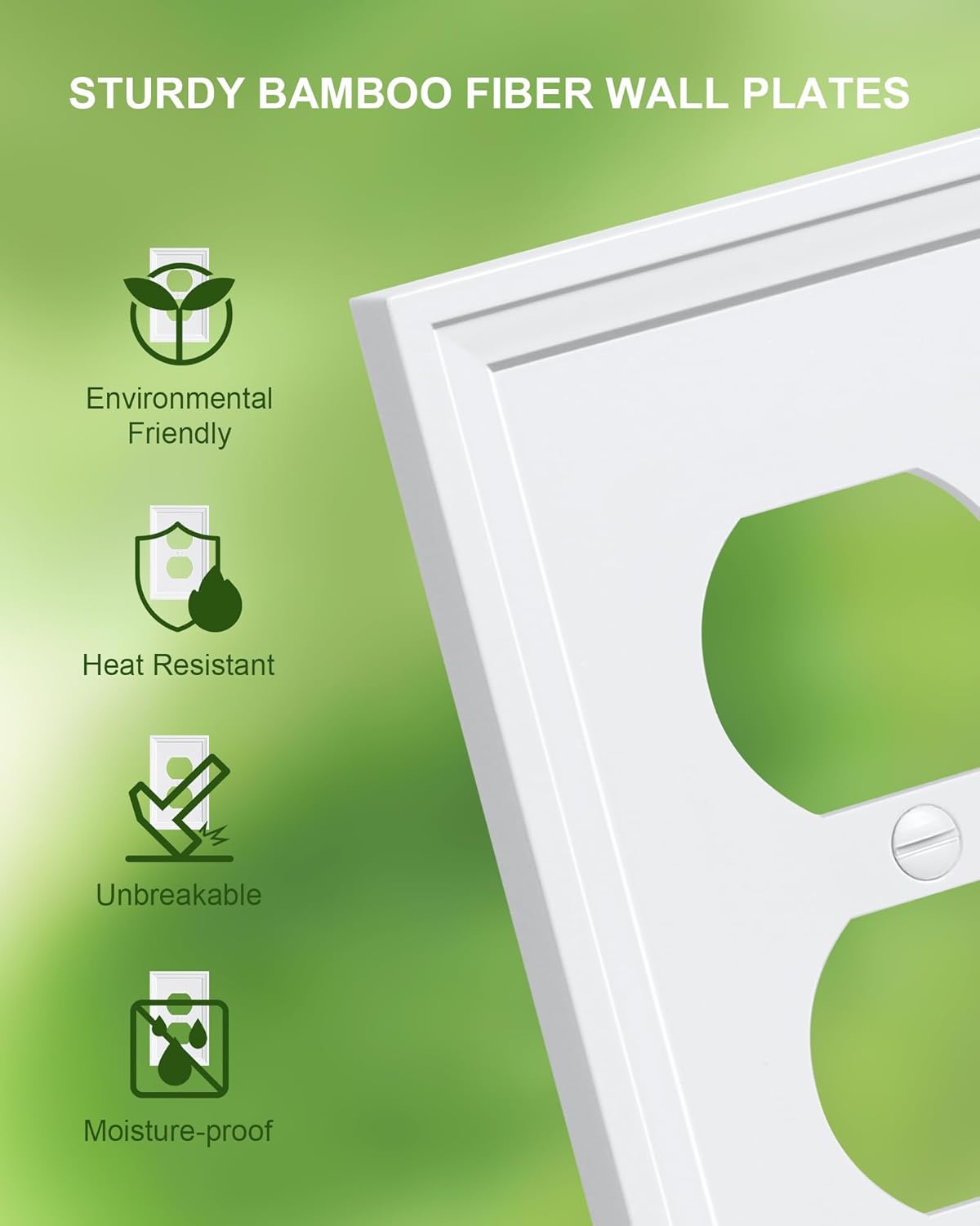 6-Pack Duplex Outlet Cover, Natural Bamboo Fiber Switch Plates and Outlet Covers, White Decorative Wall Plates for Electrical Outlets, 1 Gang Receptacle Cover, Corrosion Resistant