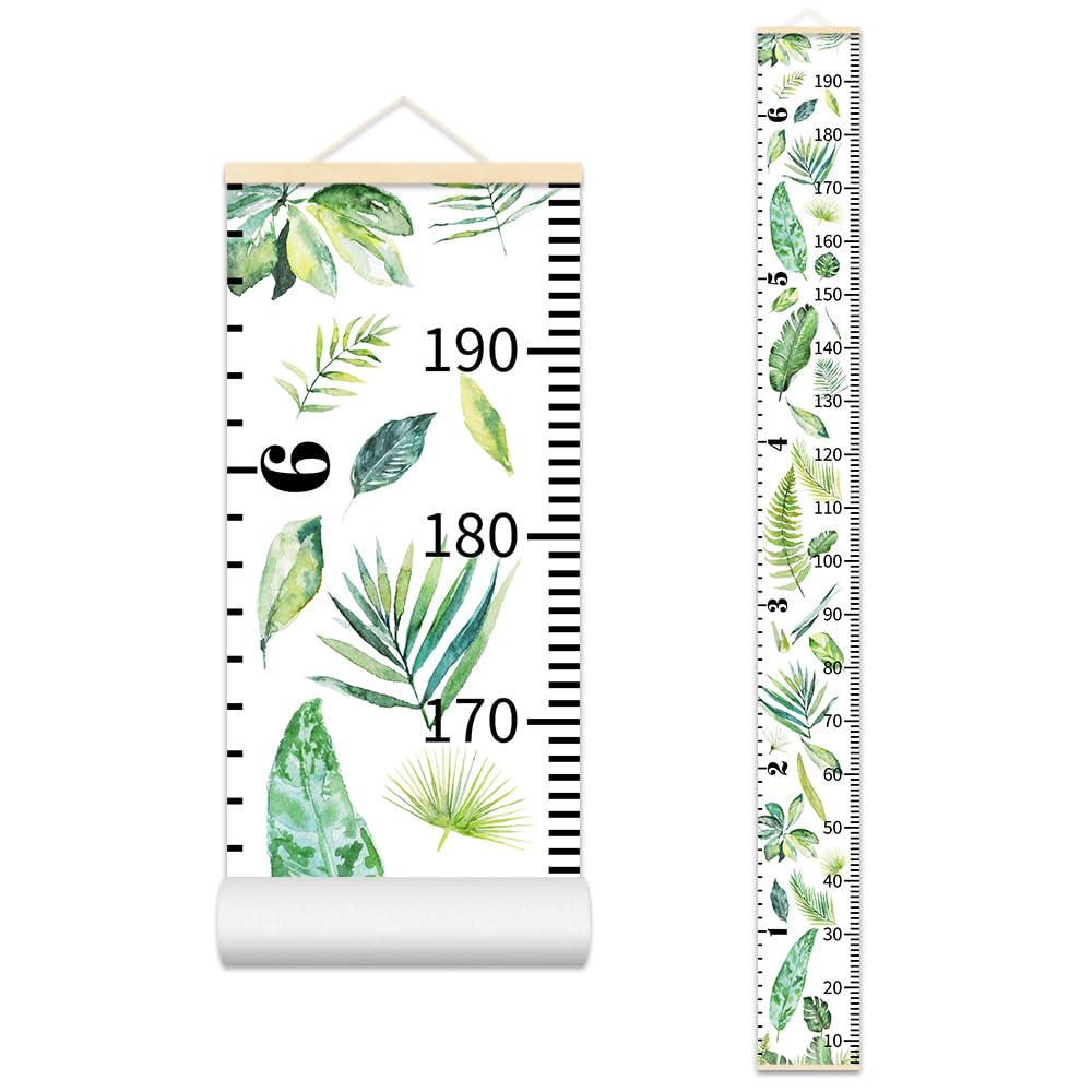 Green Plants Growth Chart for Kids Baby Height Chart Ruler Removable Canvas Wooden Frame Hanging Wall Rulers Measurement Charts for Toddler Room Nursery Decor - 79"X7.9" with Beige Wood