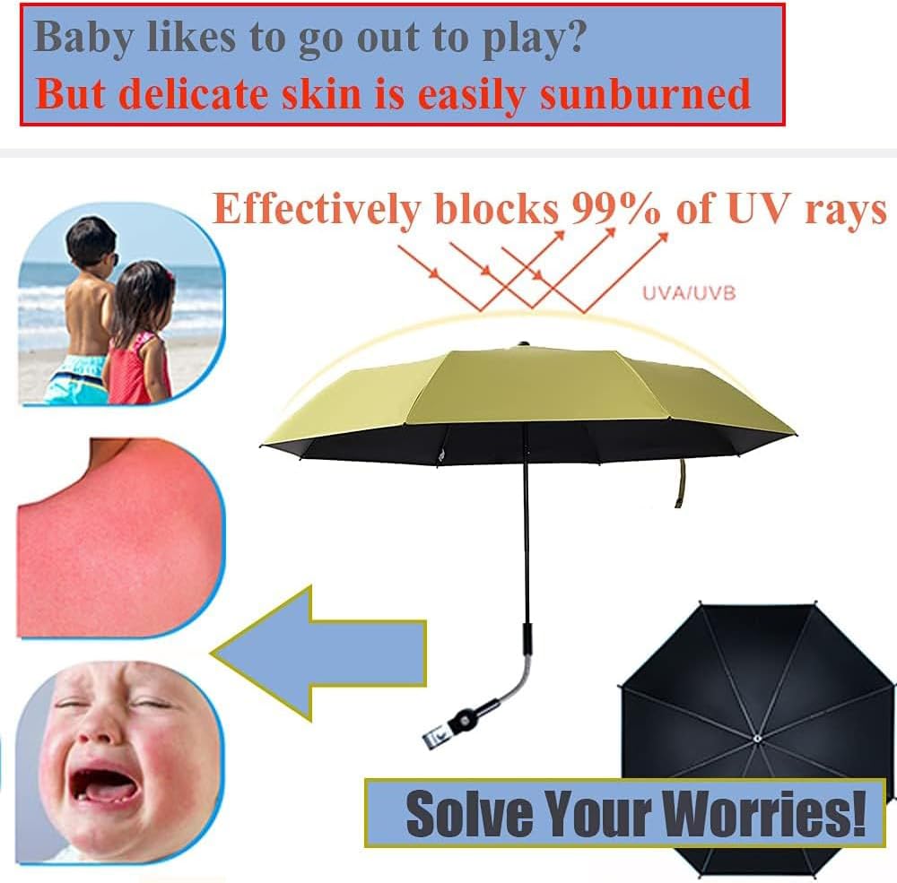 Universal Baby Parasol, Baby Stroller Sun Shade Sun Protection Sun Shade for Strollers, Waterproof Umbrella for Trolley Bike, Bicycle Umbrella with Holder Clip Clamp