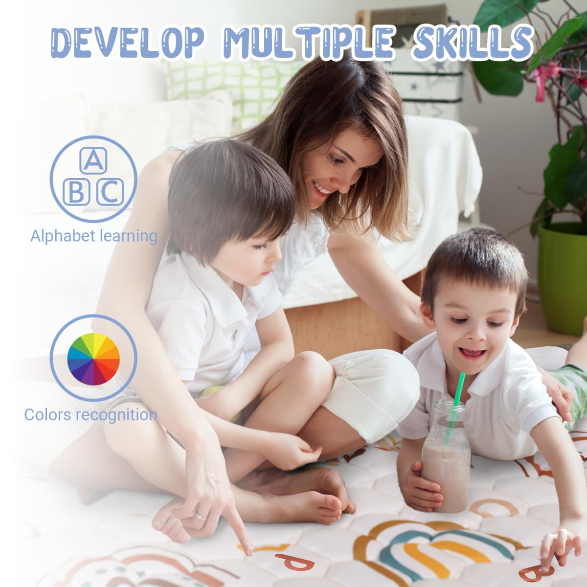 Boho Rainbow Baby Play Mat 71" X 59" Playpen Mat Thicken One-Piece Crawling Mat Non-Slip Cushioned Baby Floor Mat Letter Playmats for Babies Toddlers Infants Tummy Time Activity (71X59,Beige)