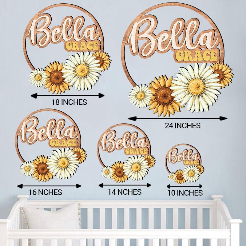 Custom wooden nursery name sign, Boho nursery wood 2 layer, Floral nursery name sign for girls, Daisy Sunflower Baby name signs for nursery, Wood name signs, Baby shower, Nursery decor flower gift/18