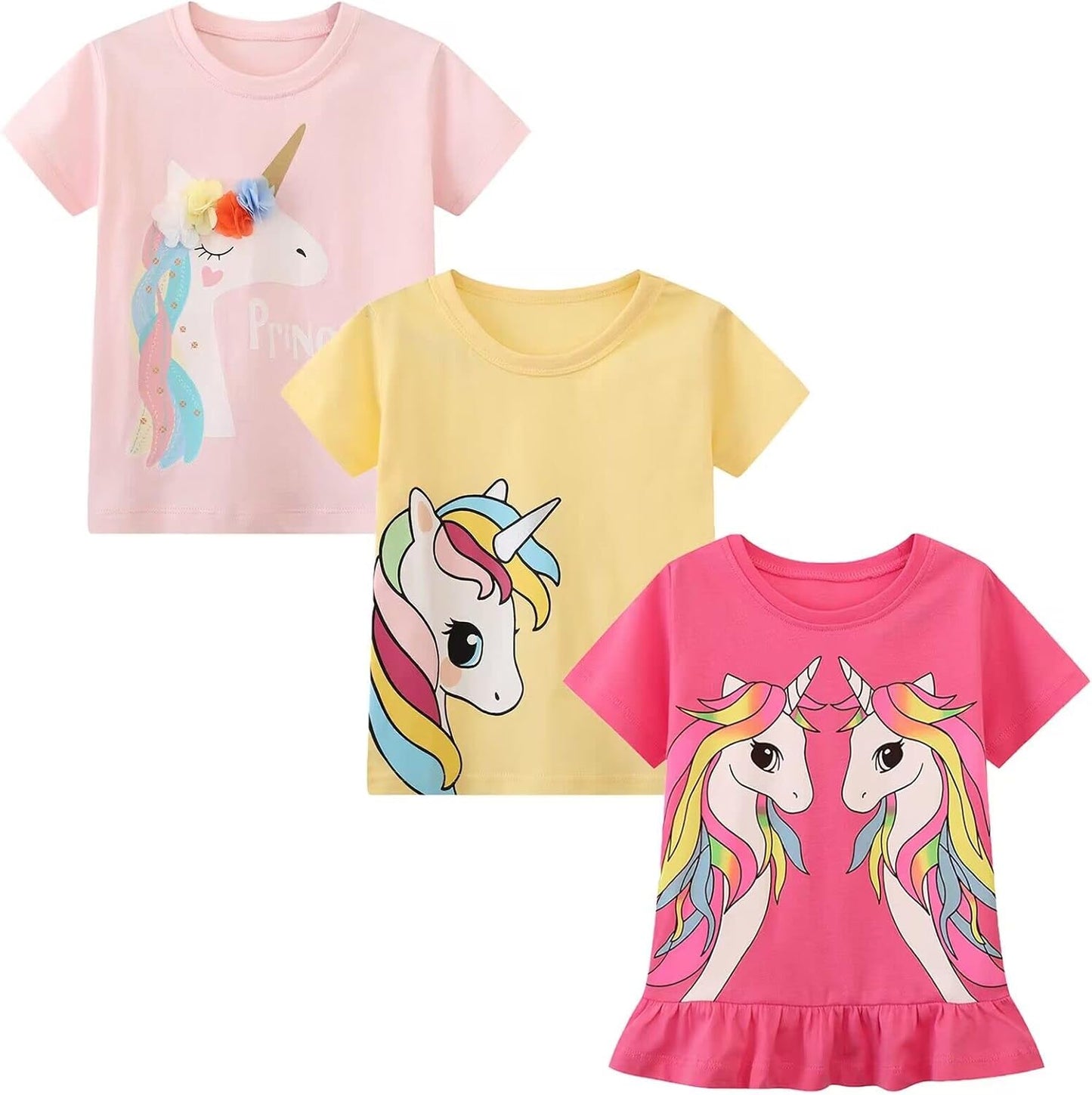 HILEELANG Girls' Tees Ruffle Short Sleeve T-Shirt Cotton Casual Graphic Summer Crewneck Tunic Tops