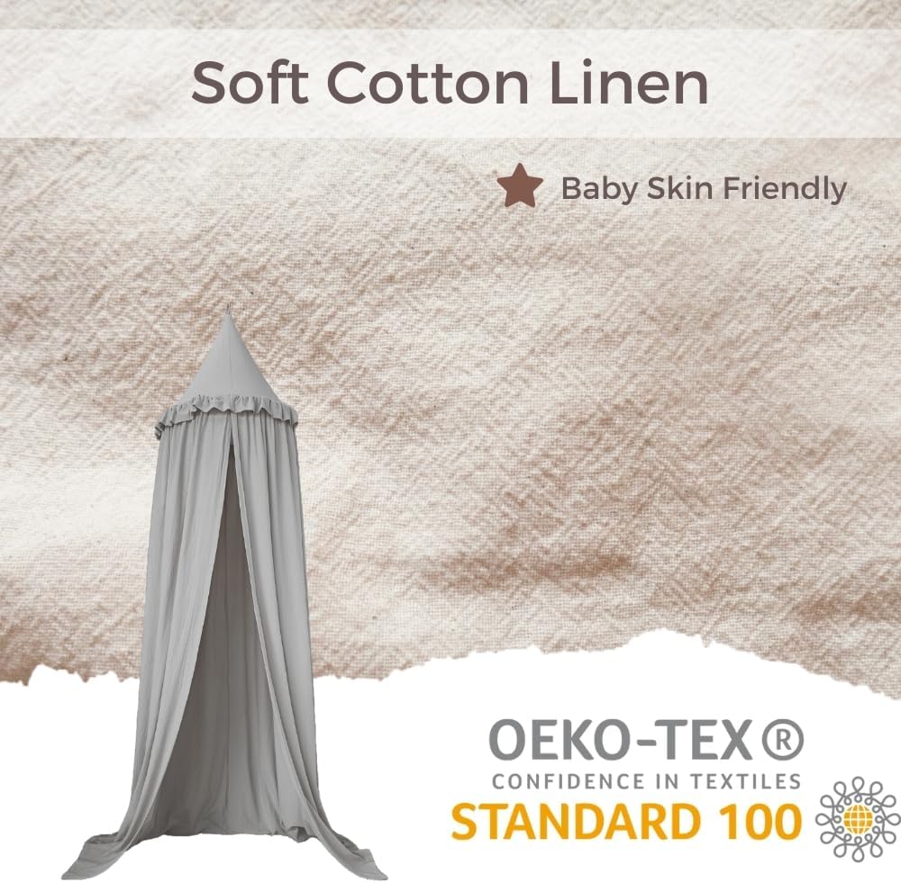 Wonder Space Kids Bed Canopy with Ruffles, Lace Frilled Cotton Tent Net, Pastel Neutral Colors for Boys & Girls, Nursery Room Baby Crib Hanging Curtain Mosquito Net Children Reading Nook Decor (Grey)