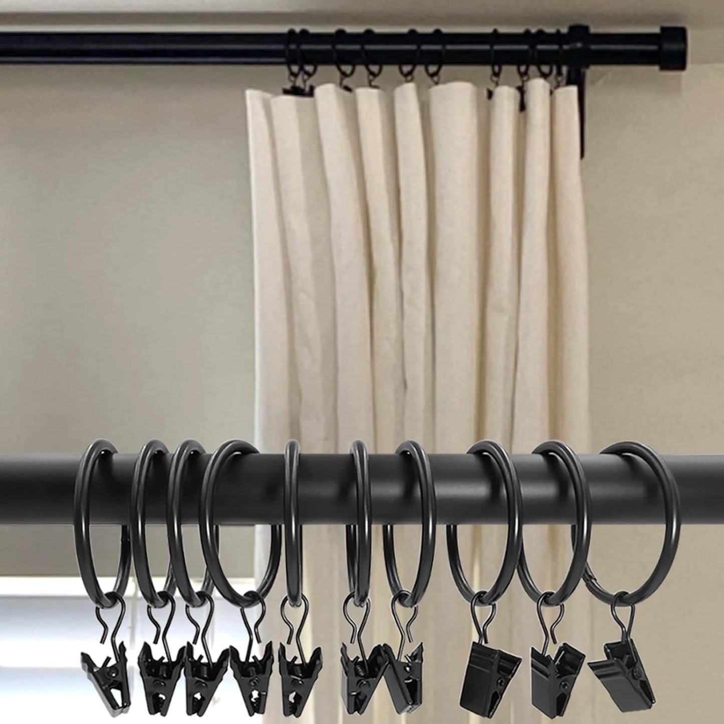 100 Pack Black Curtain Rings with Clips, Curtain Hooks Hangers Clip Rings for Hanging Drapes Bows Hat, Drapery Rings 1.5 in I D, Fits up to 1.2 in Diameter Curtain Rod.