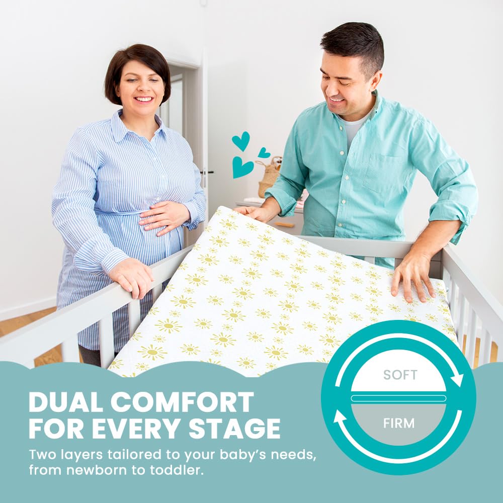 Breathable Crib Mattress, Washable High Rebound Foam for Baby Cribs, Fits Standard Toddler Beds, Mini Size (38" L x 24" W x 1" H), Sunshine Design