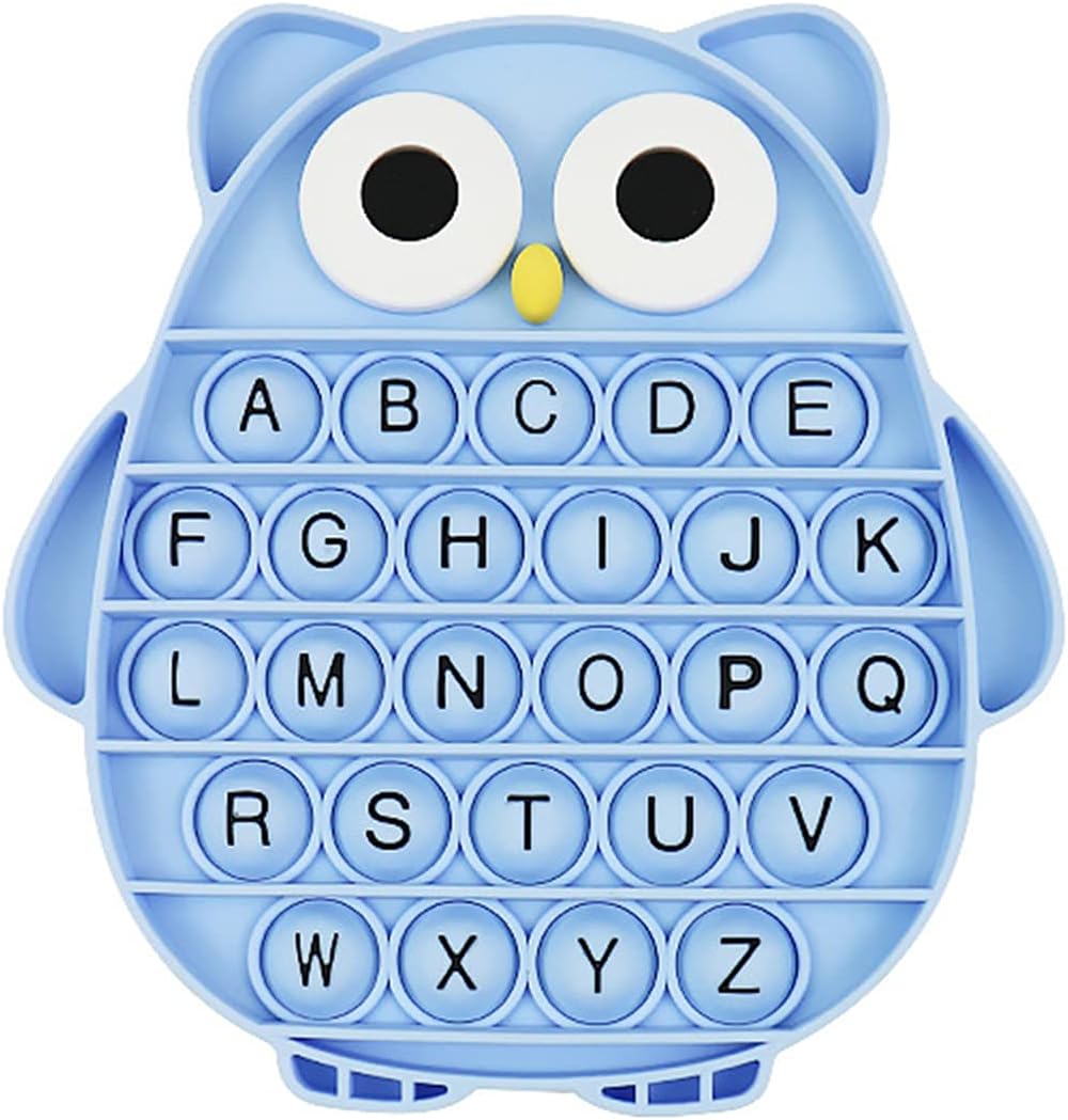 Push Pop Bubble Fidget Sensory Toy, Silicone Stress Relief Popping Toy, ABC Alphabet Owl Shaped Educational Learning Tools for Toddlers Kids Students (Black Letters-Blue)