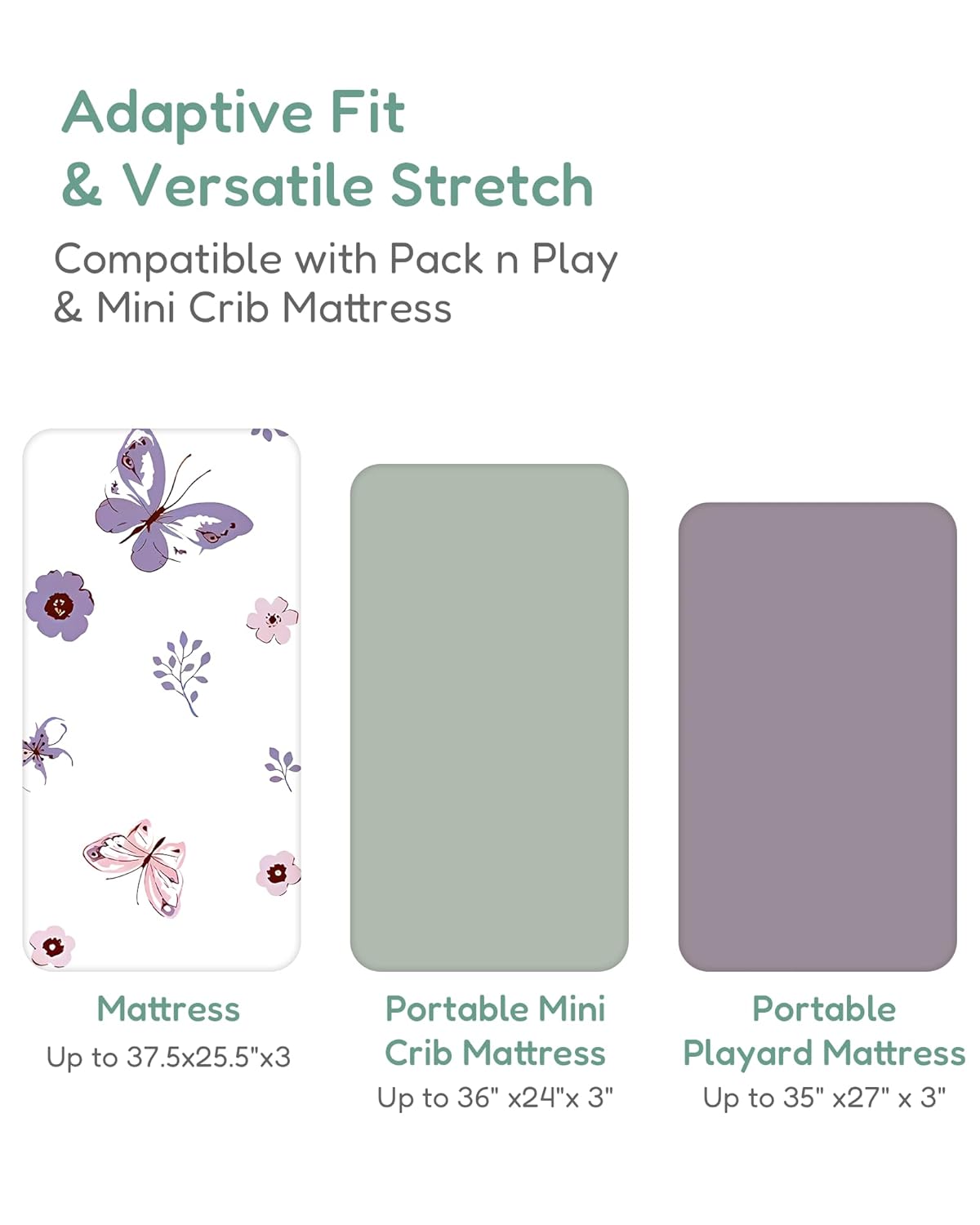 Pack and Play Sheets Fitted, Soft Purple+Butterflies, Hypoallergenic, Cozy and Safe, 2 Pack for Boys and Girls