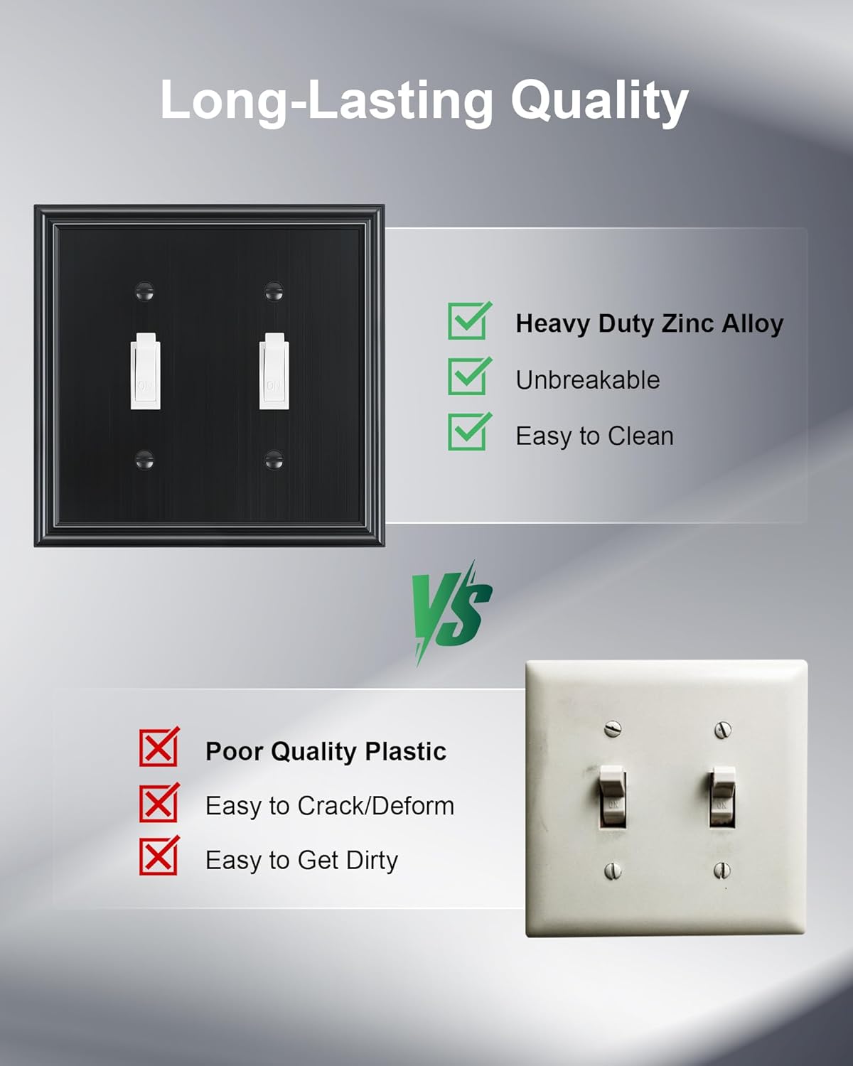 2-Pack Double Toggle Light Switch Cover Plate, Durable Solid Zinc Alloy Decorative Dual Switch Plate Covers, Black 2 Gang Wall Plate, Corrosion Resistant