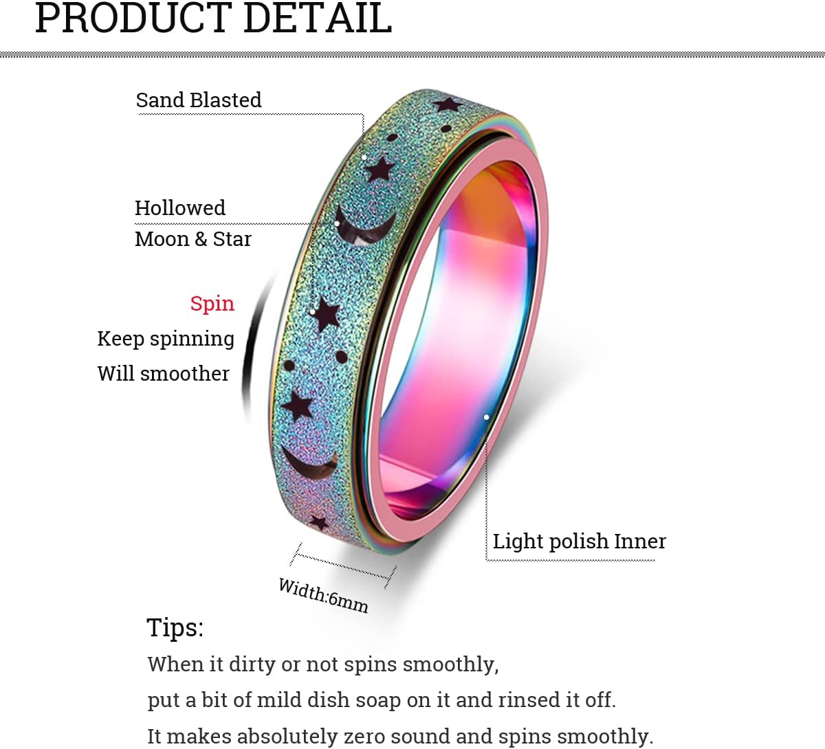 OreilleStar Anxiety Ring for Women Spinner Ring Fidget Ring Fidget Toys Adults Spinner Rings Fidget Rings for Women Fidget Ring Rose Gold Silver Rainbow Size 10