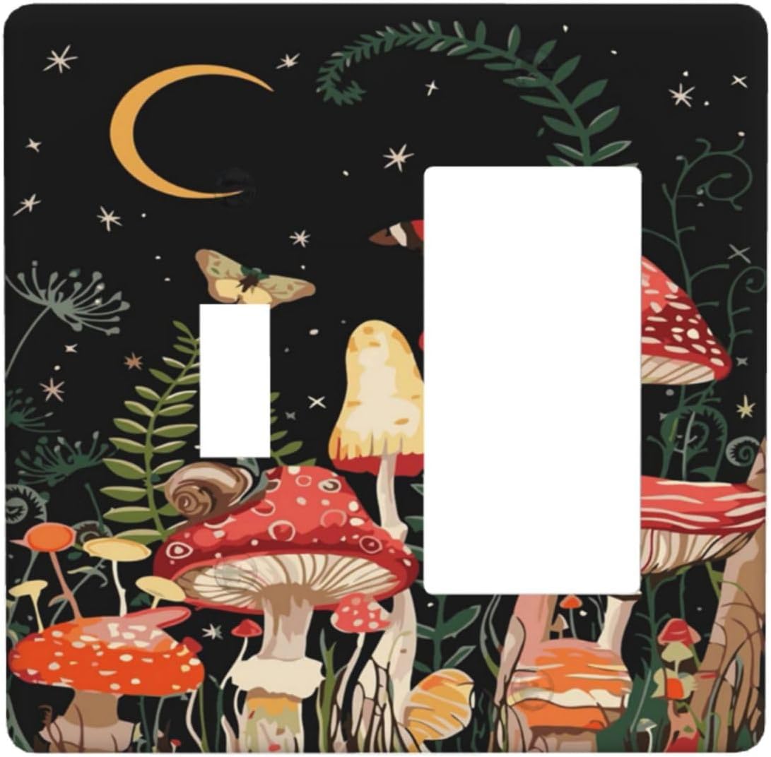 Moon Star Red Mushroom Forest Butterfly Green Plant Outlet Covers 1 Toggle 1 Rocker Combination Decorative Wall Plate Electrical Switch Plates Light Switch Cover Plate for Kids Room Home Decor