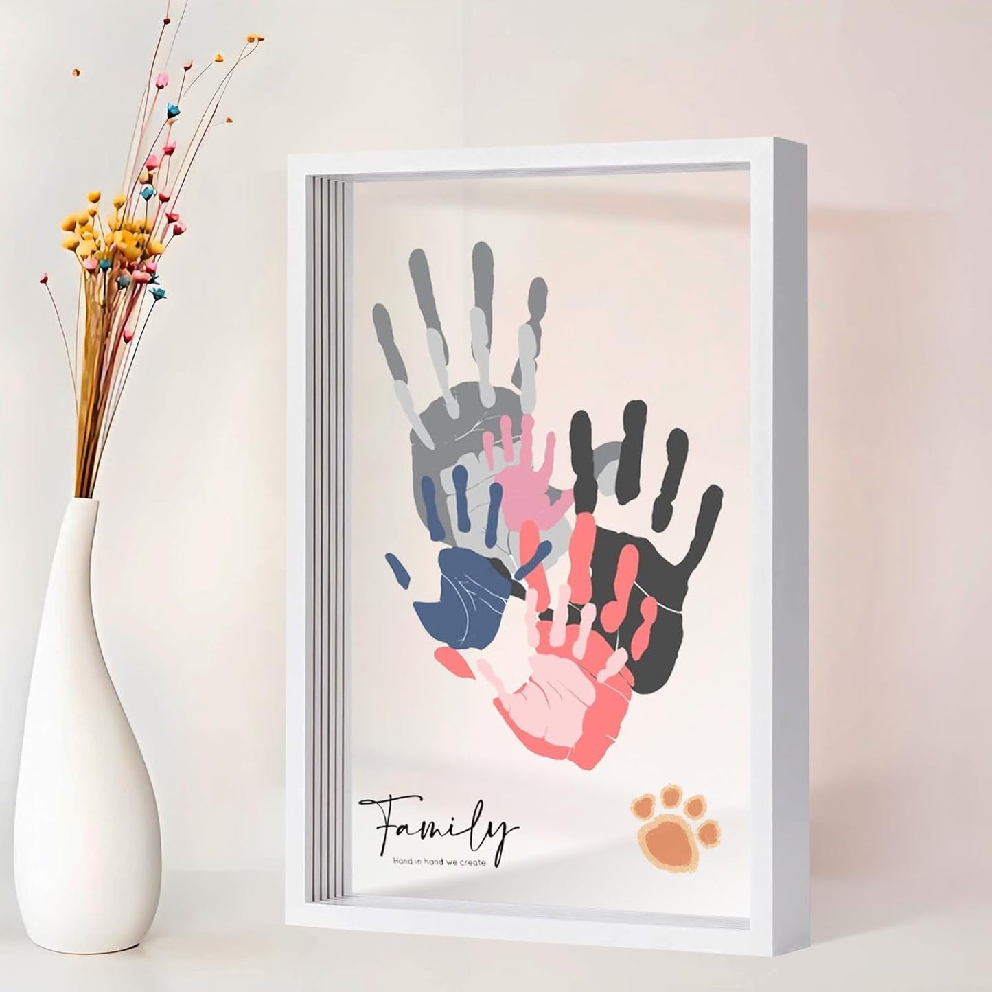 Family Handprint Kit,DIY Colorful Craft Keepsake Family Art Baby Newborn Hand and Footprint Wooden Frame for Home Decor Family Gifts Set(5 Sheets with 8 Colors) (White)