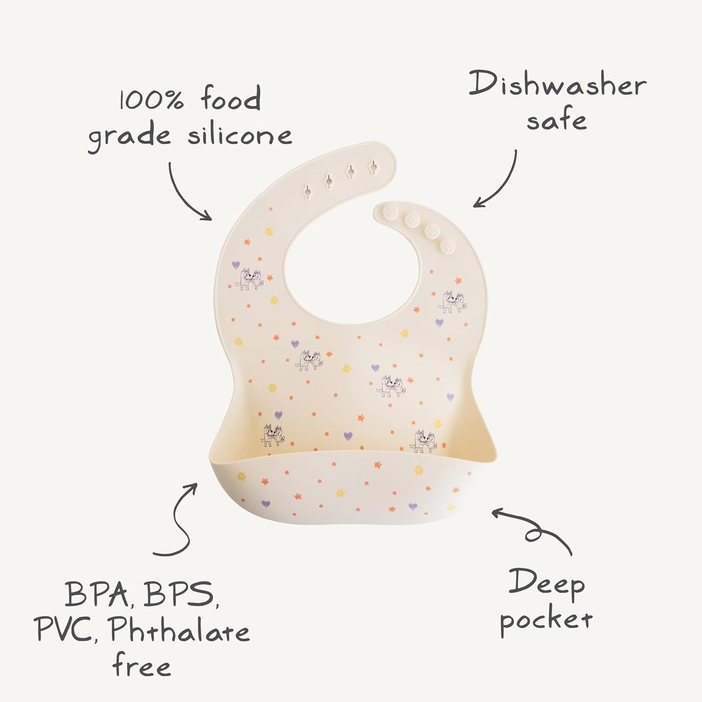 mushie x Bluey Silicone Baby Bib | Adjustable Fit Waterproof Bibs (Bluey Ivory)