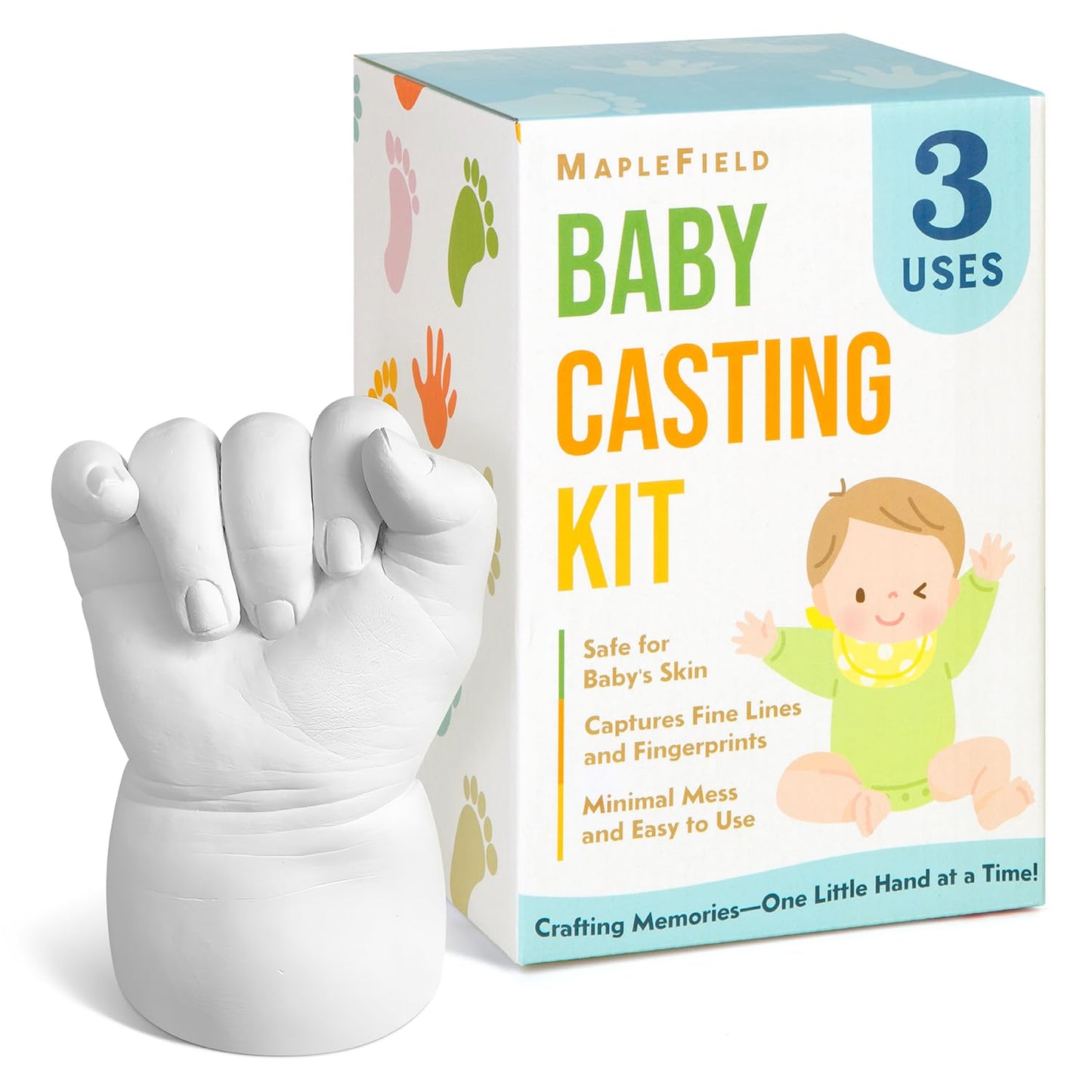 Maplefield 3D Baby Casting Kit - Safe and Easy to Use - DIY Mess-Free Hand and Feet Molding Kit - 3 Packs of Mixing and Setting Powder - Family Keepsake and Thoughtful Baby Gift - Hand Casting