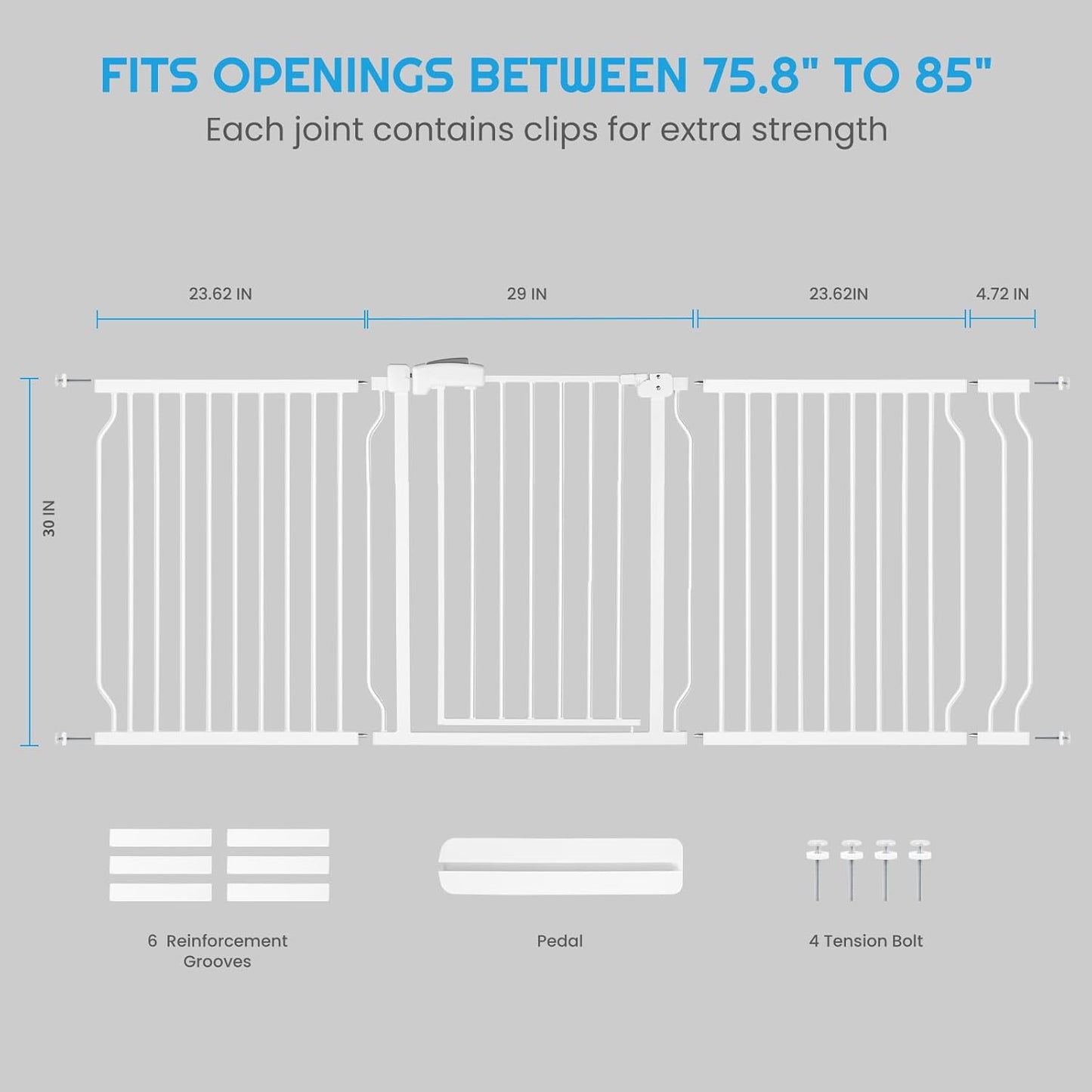 Extra Wide Baby Gate for Stairs Doorways with Door, 30" Tall 75.8-85" Wide Easy Install Dog Gate Indoor, Safety Metal Pressure Mounted Pet Gate with Walk-Thru Auto Close for The House, White