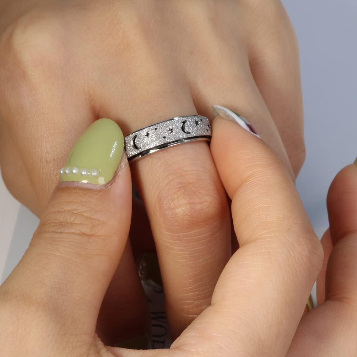 Anxiety Ring for Women Men, Titanium Stainless Steel Spinner Ring, 5 Colors, 6MM, Size 6-10, 3 Styles Anxiety Ring-Moon Star, Sandblasted Finished, Hollow Outer