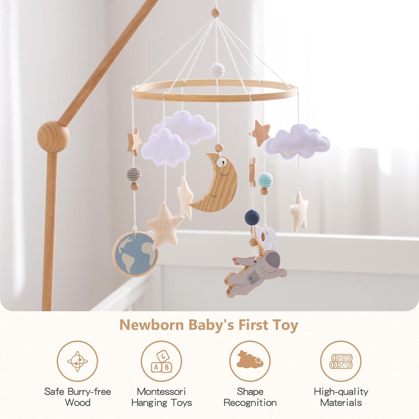 JETMHH Baby Crib Mobile | Space Theme Nursery Mobile | Wooden Mobile for Crib | Astronaut Space Theme Nursery Bed Decoration | Gift for Newborn Nursery Decor
