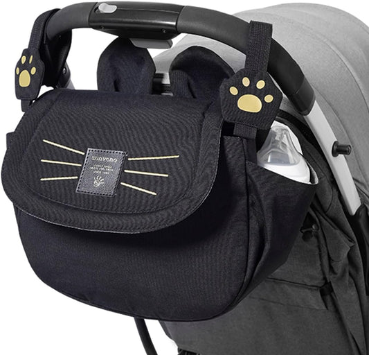 SUNVENO Universal Stroller Organizer with Cup Holder and Shoulder Strap, Cute Cartoon Cat Design, Diaper Bag with Multiple Inner Pockets, Fits Uppababy, Baby Jogger, Britax & Pet Strollers,Black