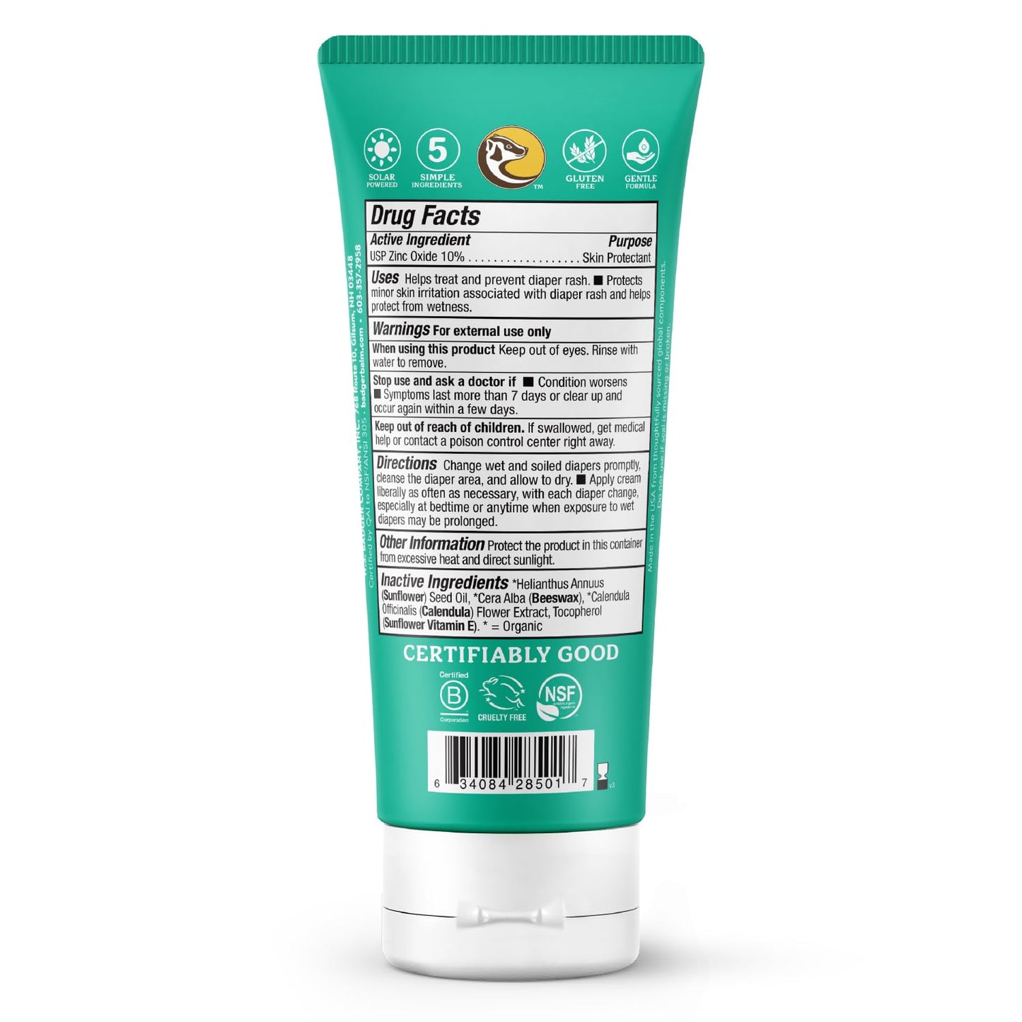 Badger Diaper Cream, 99% Organic Diaper Rash Cream for Baby, Zinc Oxide Ointment w/Soothing Calendula Cream for Sensitive Baby Skin, 2.9 fl oz