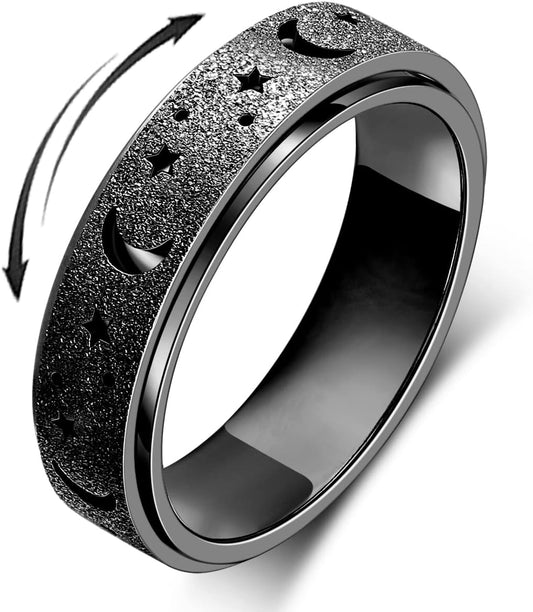 Anxiety Ring for Women Spinner Ring Fidget Ring Fidget Toys Adults Spinner Thumb Ring Anxiety Fidget Rings for Women Stainless Steel Anxiety Fidget Ring Men(Moon Star-Black, 10)