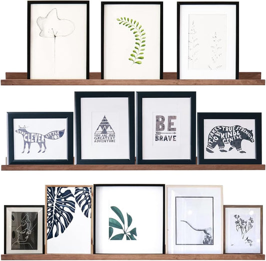 36 Inch Picture Ledge Shelf Rustic Wall Mount Light Walnut Long Narrow Picture Shelves Storage for Books Toys Music Albums Green Plants-Photo Ledge Shelf Set of 3 Mounting Hardware Include