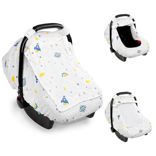 Hooyax Muslin Car Seat Cover Baby, Summer Car Seat Covers for Babies, Infants, and Newborns, Ultra Soft Breathable Universal Fit Stroller Carseat Canopy Covers for Boys Girls (Planet)