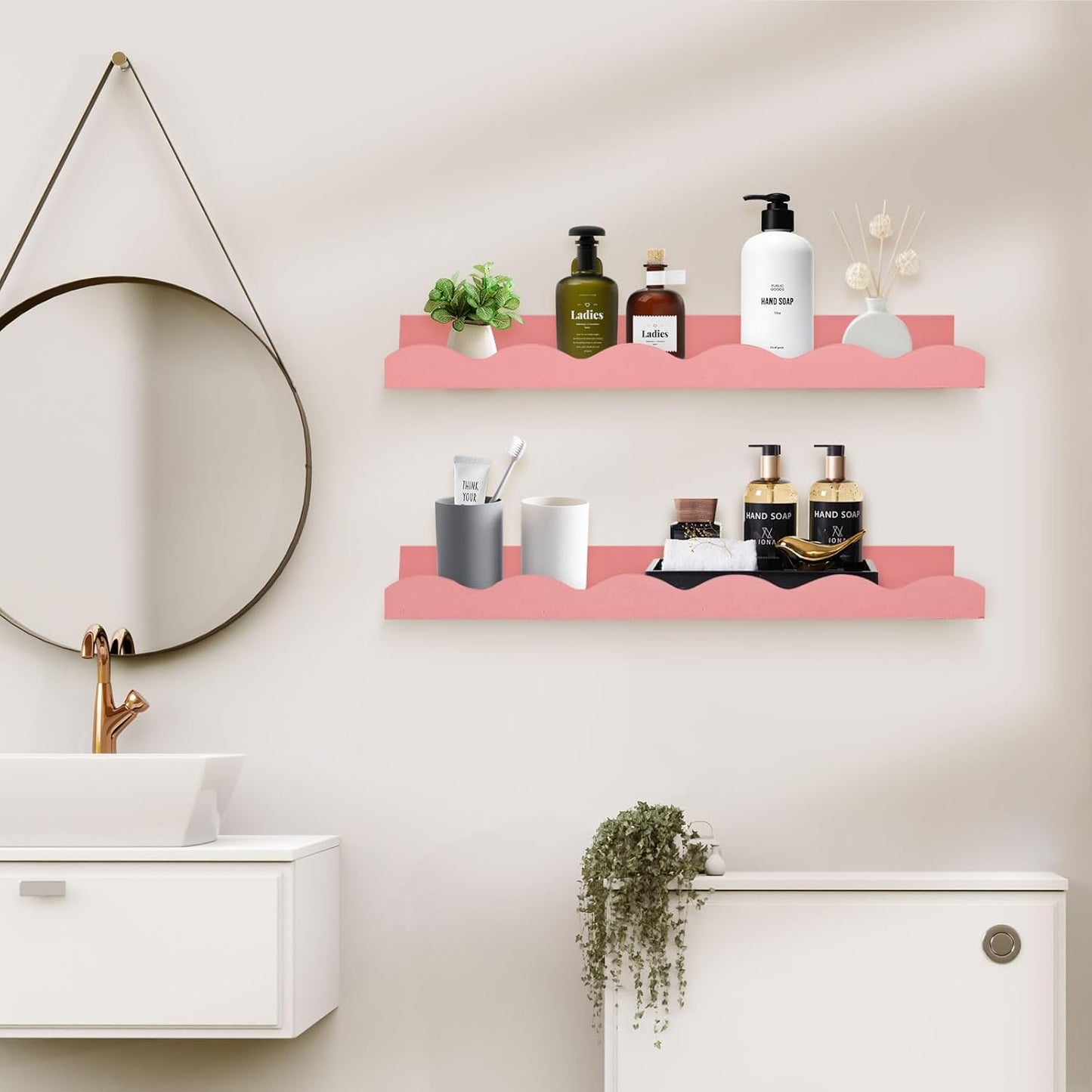 Nursery Book Shelves, 4 Pack Pink Floating Shelves for Wall, Wood Scalloped Shelves for Storage Books, Wall Book Shelf for Kids Rooms, Bedroom, Toddler Room, Baby Room, Nursery Decor