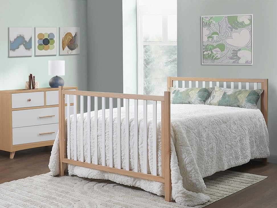 Sorelle Essex Euro 4-in-1 Convertible Crib & Changer – Nursery Furniture Set, Wooden Baby Crib with Non-Toxic Finish, Integrated, Toddler, Daybed, and Full-Size Bed Conversion Kit – White Natural