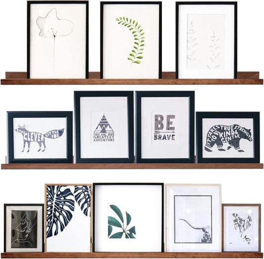 AZSKY Floating Wood Wall Shelves Light Walnut 48 Inch Long Hanging Picture Photo Ledge Shelf Rustic Modern Narrow Shelves for Wall Decor Storage and Display Nursery Book Shelves a Set of 3