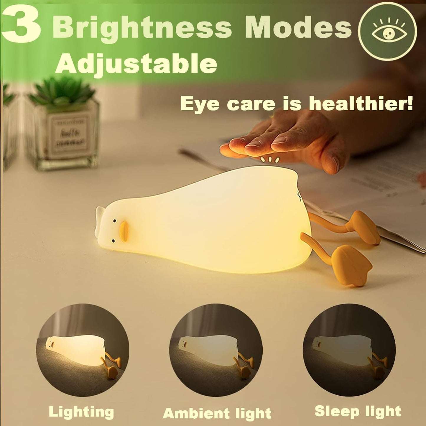 DREAMING MY DREAM Cute Duck Night Light,Rechargeable Fun Lying Flat Duck Lamp,LED Squishy Animal Novelty Lamp,Light up Duck for Kids Great Gift,3 Level Dimmable Nursery Nightlight Touch Lamp