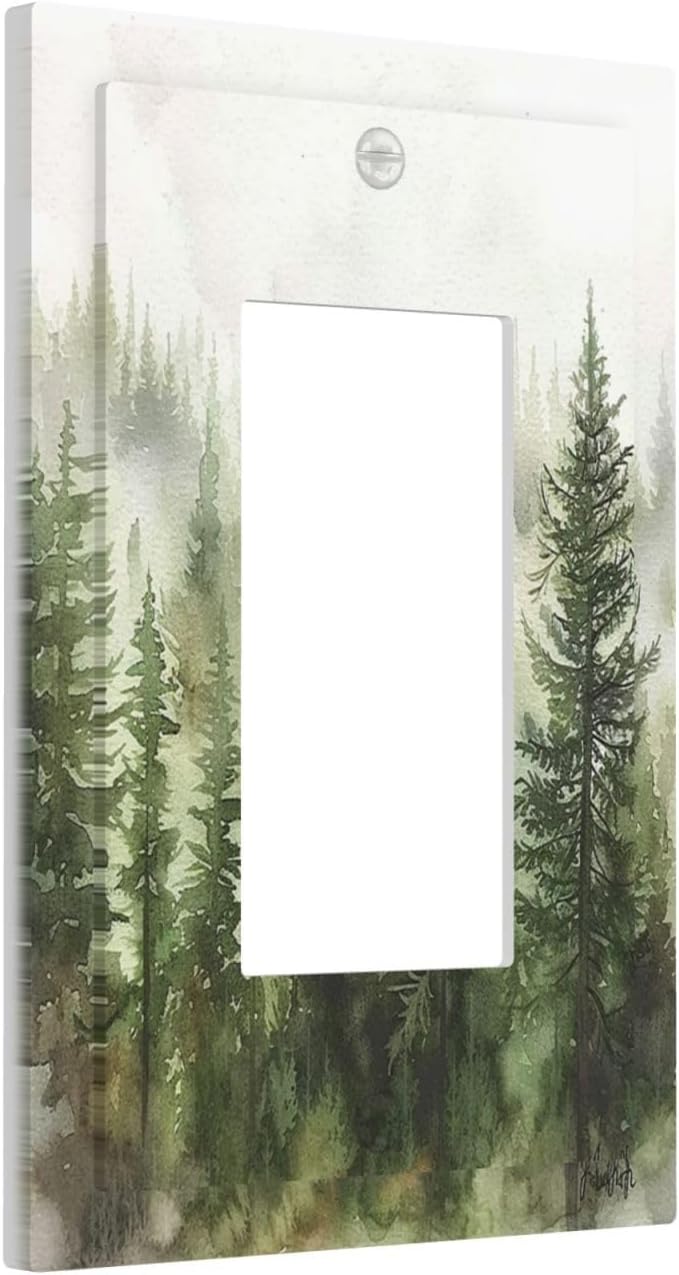 Decorative Outlet Covers Green Forest Watercolor Painting Foggy Pine 1 Gang Single Rocker Light Switch Cover Plate Wall Plates GFCI Faceplate for Bedroom living Room Decor