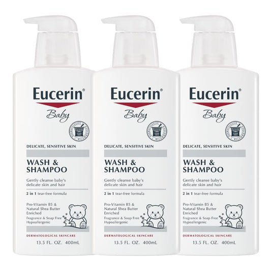 Eucerin Baby Unscented Baby Shampoo and Body Wash, Tear Free Shampoo and Wash, 13.5 Fl Oz Pump Bottle, Pack of 3