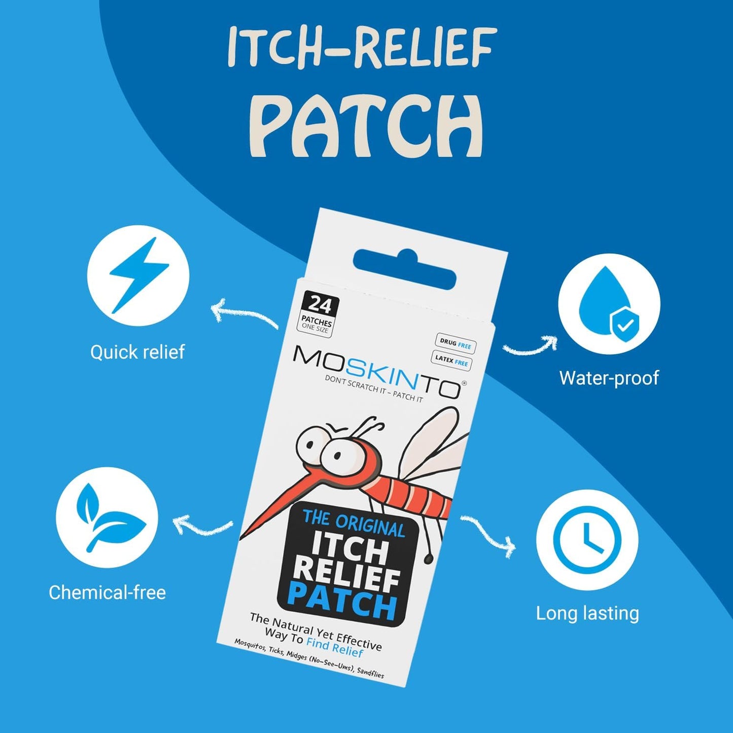 Moskinto The Original Mosquito Itch Relief Patches for Kids & Adults, Bug Bite Patches Soothe Swelling & Itching, Anti Itch Bug Bite Relief, Suction Tool Alternative, Travel Pack, 24 Count, Pack of 2