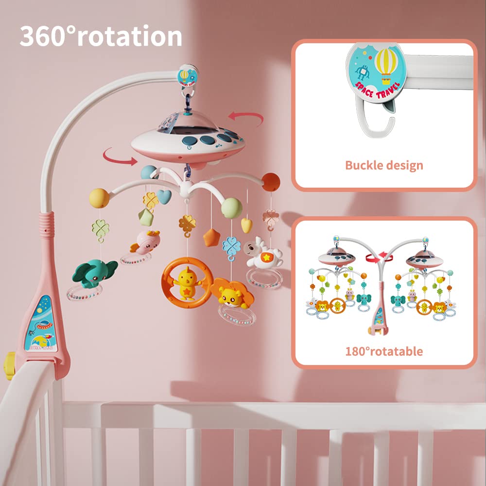 Baby Musical Crib Mobile with Night Lights and Relaxing Music,Hanging Rotating Animals Rattles,Stars Projection,Remote Control,for Boy Girl Newborn Baby Toys（Pink）