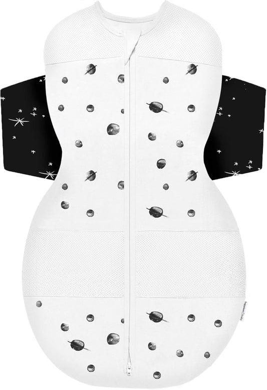 Happiest Baby SNOO Sleep Sack - 100% Organic Cotton Baby Swaddle Blanket - Doctor Designed Promotes Healthy Hip Development (Ivory Planets Black Wings, Small)