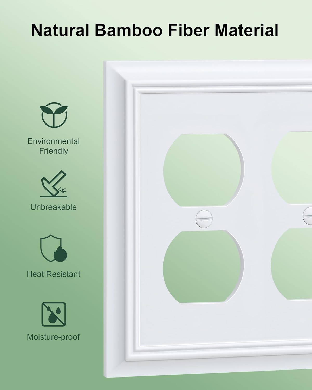 2-Pack Double Duplex Outlet Cover, Pure White Decorative Switch Plates and Outlet Covers for Electrical Outlets, Durable Natural Bamboo Fiber Wall Plates, 2 Gang Receptacle Cover