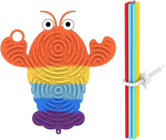 Silicone Sensory Activity Board,2 in 1 Busy Board for Fine Motor Skill, Montessori Fidget Toy for Calming, Stress, Anxiety, ADHD, Autism, Silent, No Mess, Kids 3+ & Adults (Colorful, Lobster)