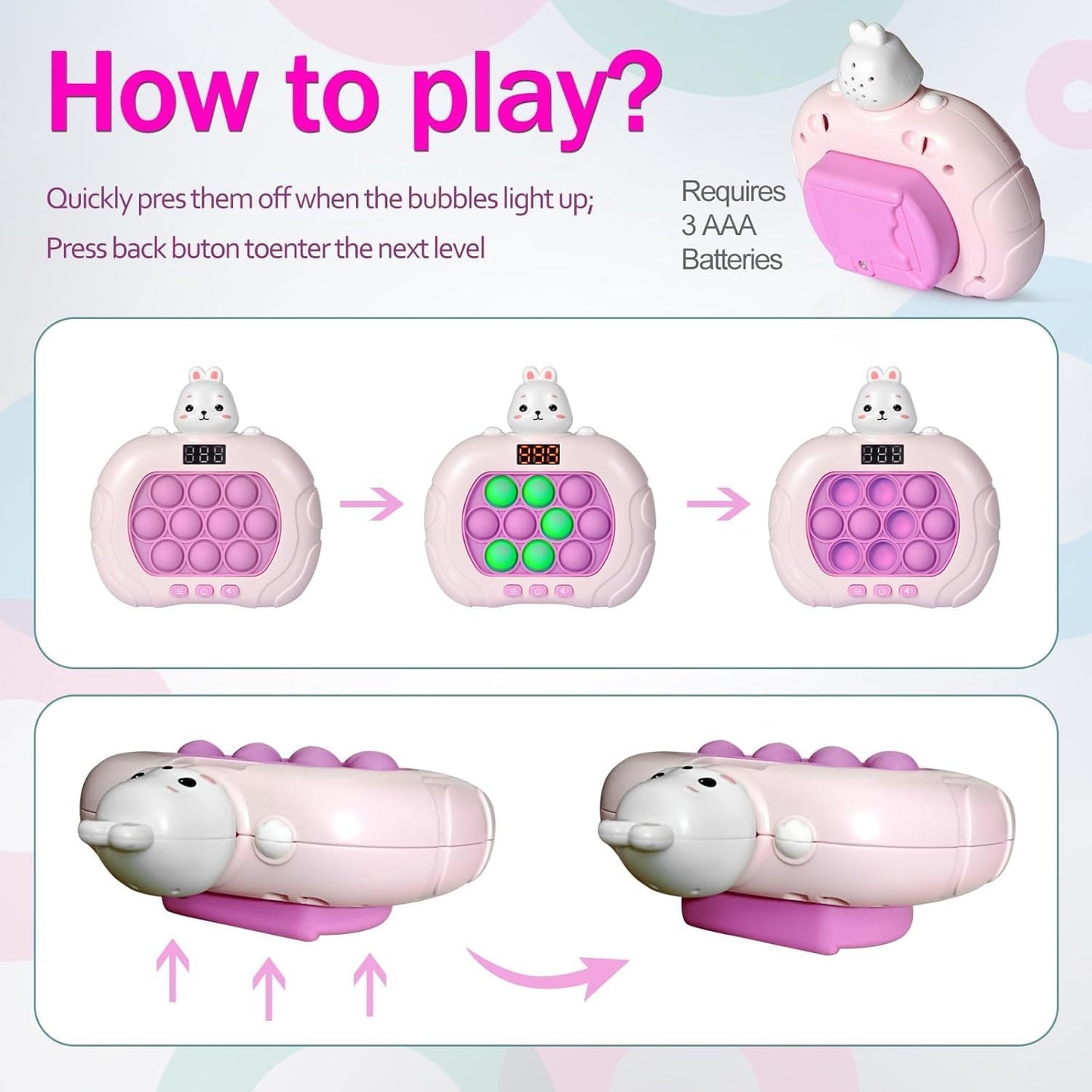 Fast Push Game Pop Fidget Toys for Kids, Handheld Puzzle Game Sensory Toys with LED Screen, Quick Push Light Up Game Gifts for 3-12 Year Old Girls Boys (Rabbit)