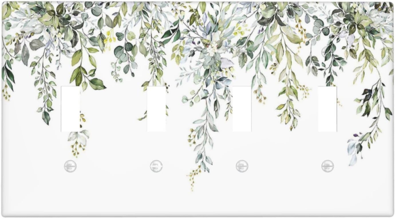 Light Switch Covers Boho Farmhouse Flower Leaf Sage Green Quad Toggle Electrical Faceplate 4 Gang Wall Plate Decorative Switch Plates for Bedroom Cabin Decor