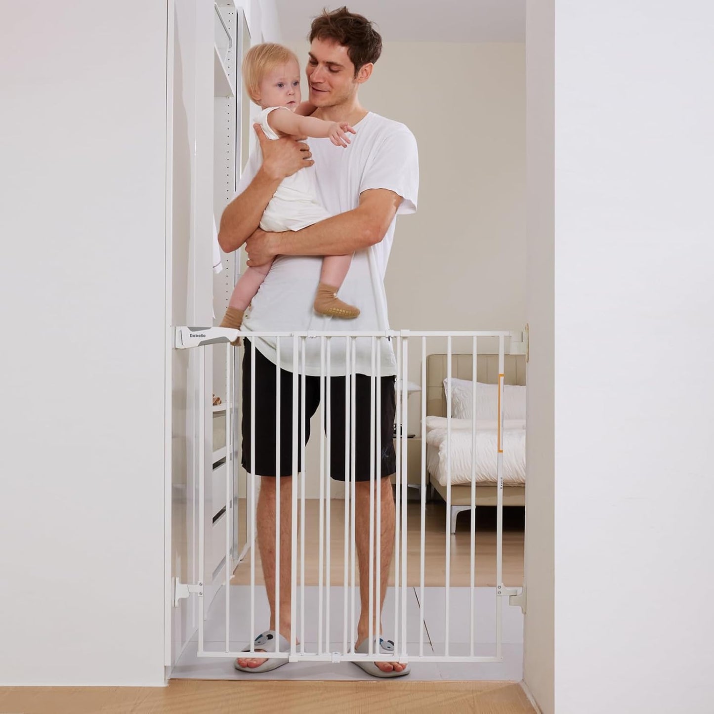 Babelio 34" Extra Tall Baby/Dog Gate with No Threshold Design Walk Thru Door, 26-43" Auto Close Safety Gate for Babies, Elders and Pets, Fits Doorways, Stairs, and Entryways, White