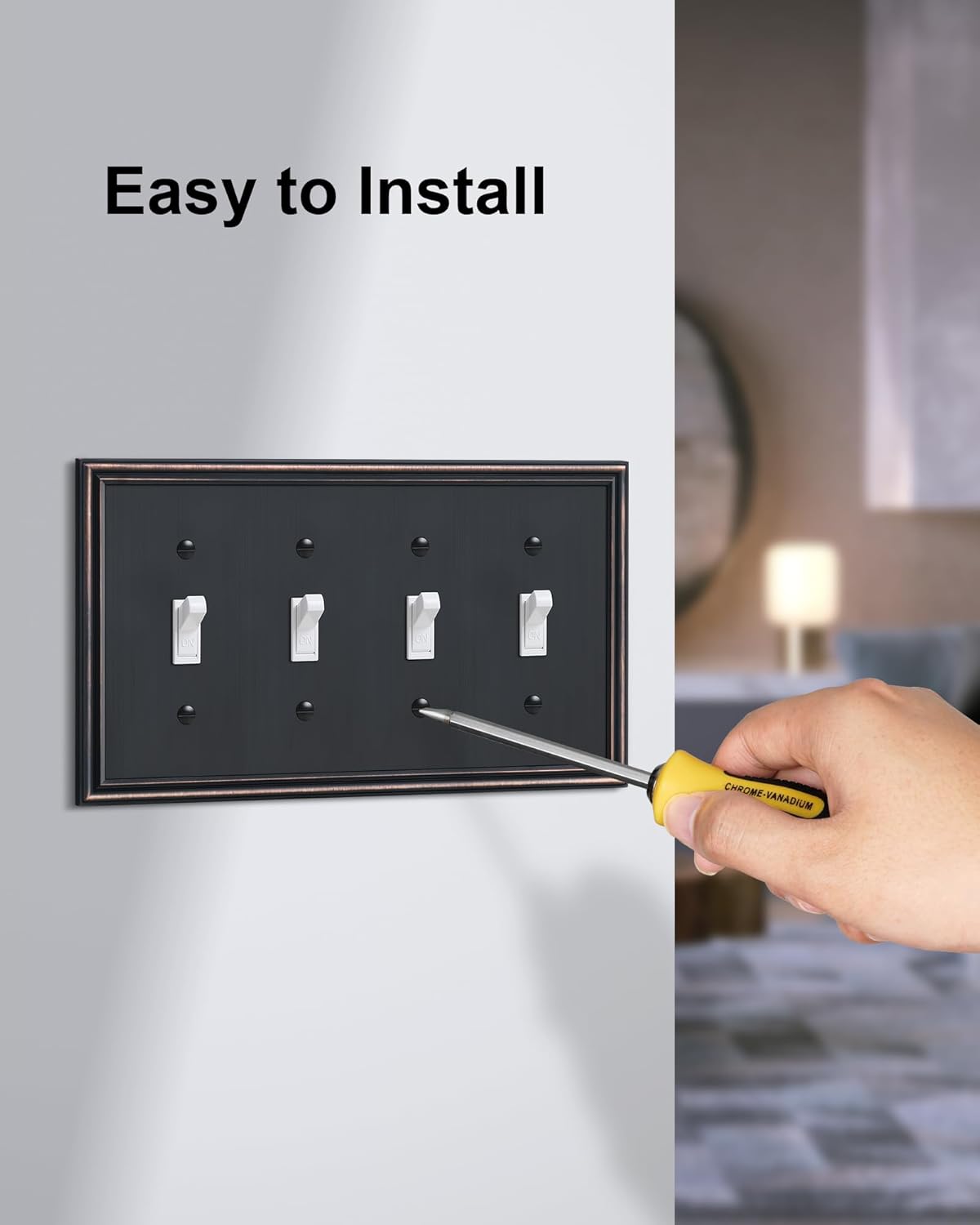 2-Pack Quad Toggle Light Switch Cover Plate, Durable Zinc Alloy Decorative Switch Plate Covers, Aged Bronze 4 Gang Wall Plate for Toggle Light Switch and Rotary Dimmer Switch