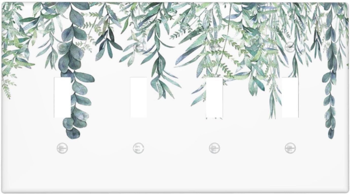 Eucalyptus Leaves Greenery Vine Flowers Simplicity Light Switch Covers Quad Toggle Electrical Faceplate 4 Gang Wall Plate Decorative Switch Plates for Bed Room Living Room Decor