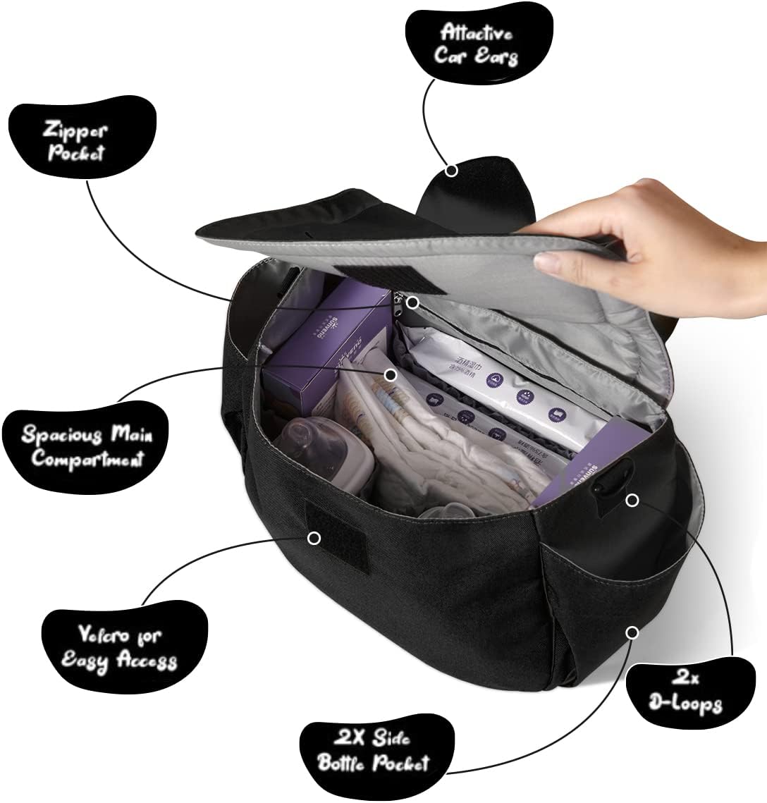 SUNVENO Universal Stroller Organizer with Cup Holder and Shoulder Strap, Cute Cartoon Cat Design, Diaper Bag with Multiple Inner Pockets, Fits Uppababy, Baby Jogger, Britax & Pet Strollers,Black