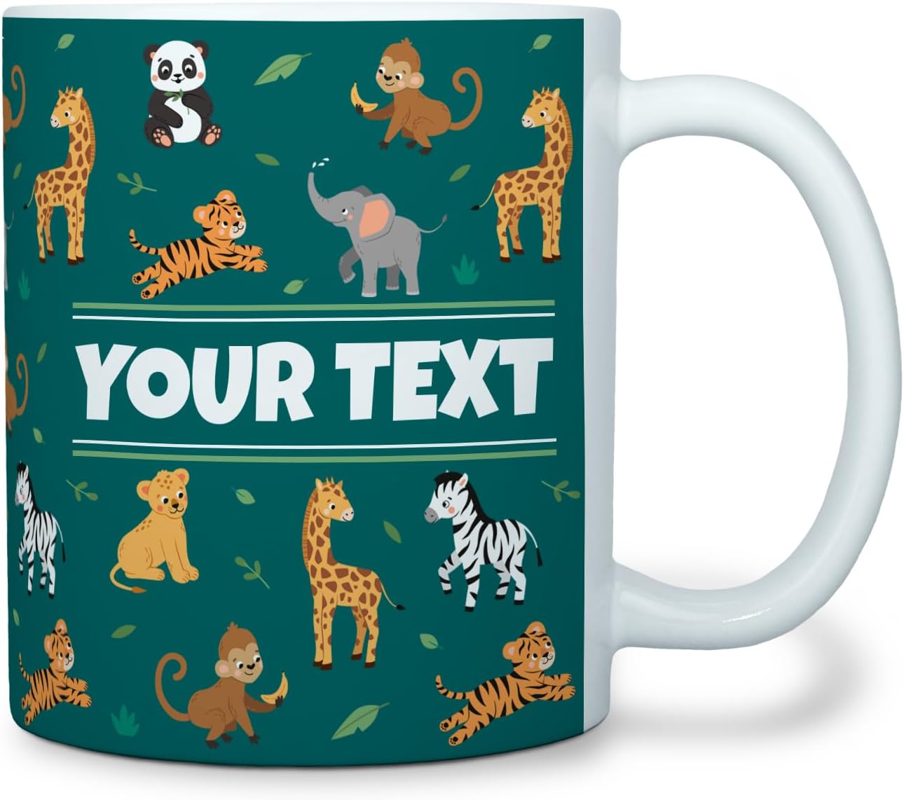Personalized Mug for Kids - Zoo Animals - Custom Name/Text, Ceramic Hot Chocolate/Cocoa/Coffee Cup for Boys/Girls, Birthday/Christmas/Holiday Gift - 11 oz, White Handle