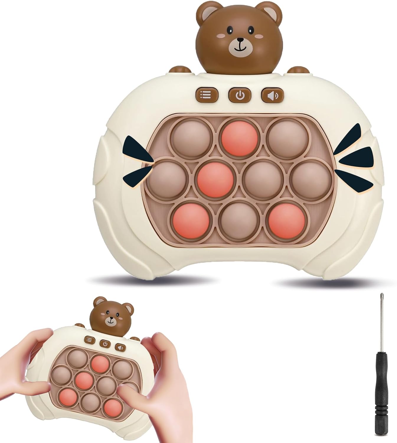 Quick Push Bubble Game Machine, Pop Game Puzzle Educational Console, Light Up Handheld Squeeze ADHD Stress Relief Fidget Toys for 3+ Boys Girls Kids Adults Birthday Christmas 4 Modes, Bear Animal