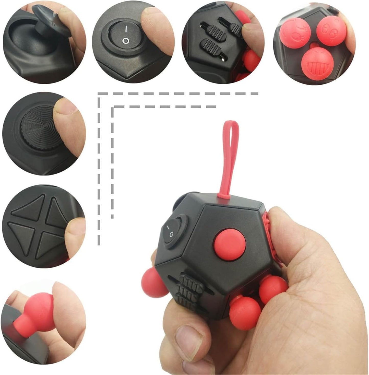 Fidget Toys Cube Relieve Stress Anti Anxious Depression 12-Sided Cube for Children and Adults with ADHD ADD OCD Autism Creative Toy (Black Red-A4)