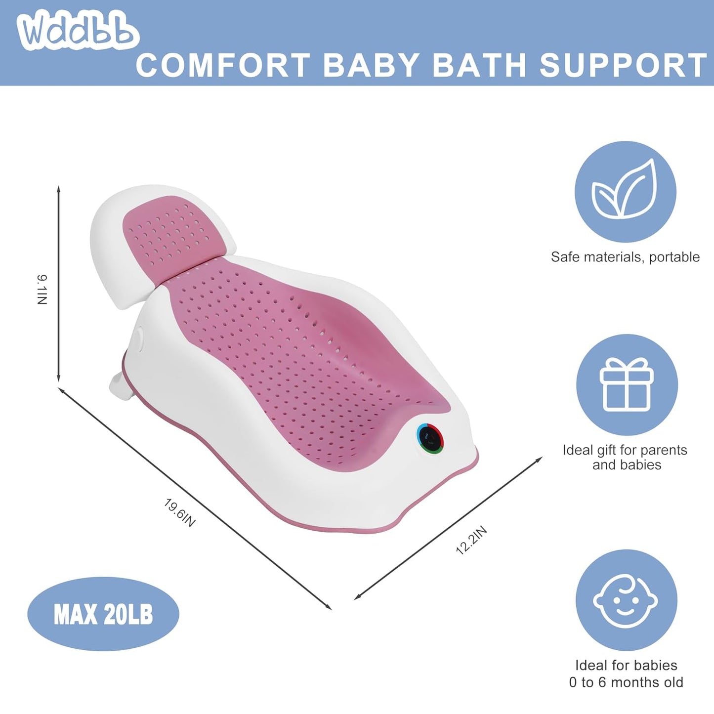 Baby Bath Support,Ideal for Babies Less Than 6 Months Old,with Thermometer-Adjustable Slope Newborn Bathtub, Baby tubs for Baby tubs for Newborn Essentials Must Haves (Pink)