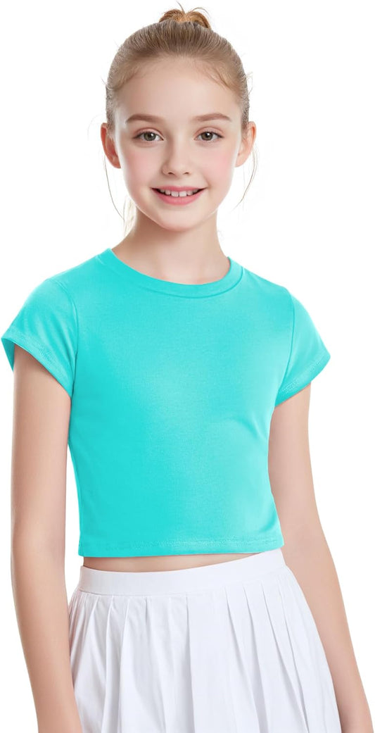 Auranso Girls Crop Tops Summer Short Sleeve Round Neck T Shirts Basic Tee for Kids