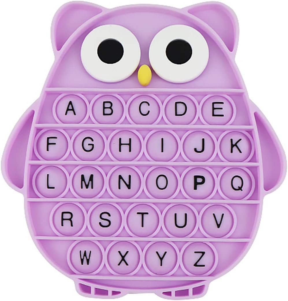 Push Pop Bubble Fidget Sensory Toy, Silicone Stress Relief Popping Toy, ABC Alphabet Owl Shaped Educational Learning Tools for Toddlers Kids Students (Black Letters-Purple)