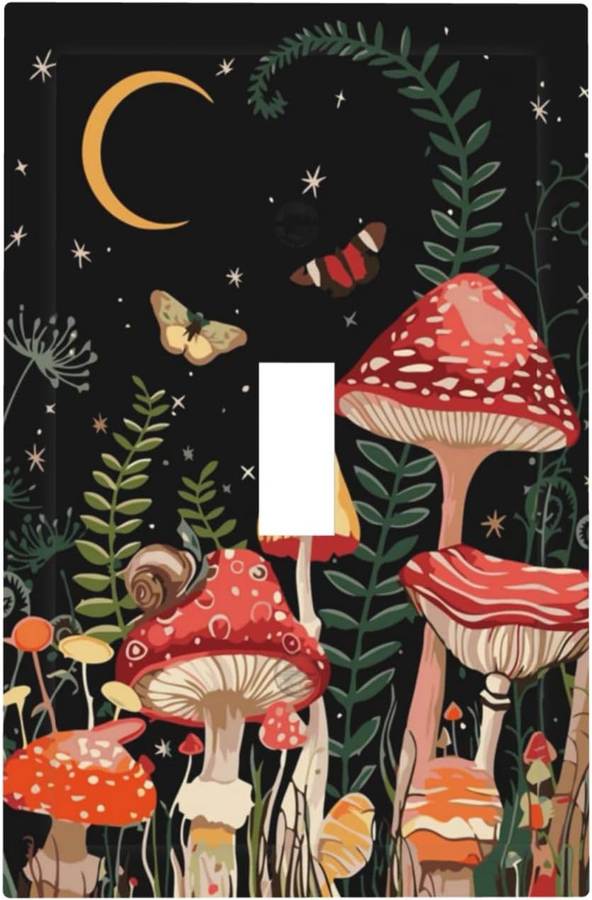 Moon Star Red Mushroom Forest Butterfly Green Plant Decorative Light Switch Cover 1 Gang Single Toggle Device Electrical Faceplate Switchplates Decorator Outlet Wall Plate for Kids Room Home Decor